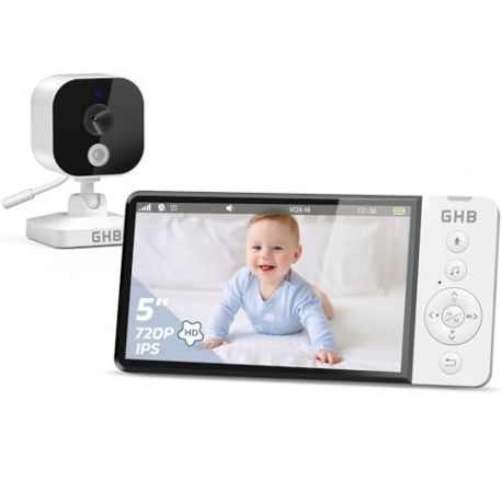 GHB Babyphone Camera 5" Camera Bebe 720P HD 5000mAh Écran IPS Zoom 4X Supporte 2 Caméras Vision Nocturne VOX Capteur de Tempé