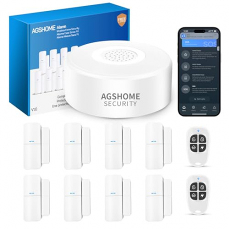 AGSHOME Alarme Maison sans Fil Intelligent WiFi - Alarme de Porte, 1 Alarme avec Sirène, 5 Capteurs de Fenêtre et de Porte, 2